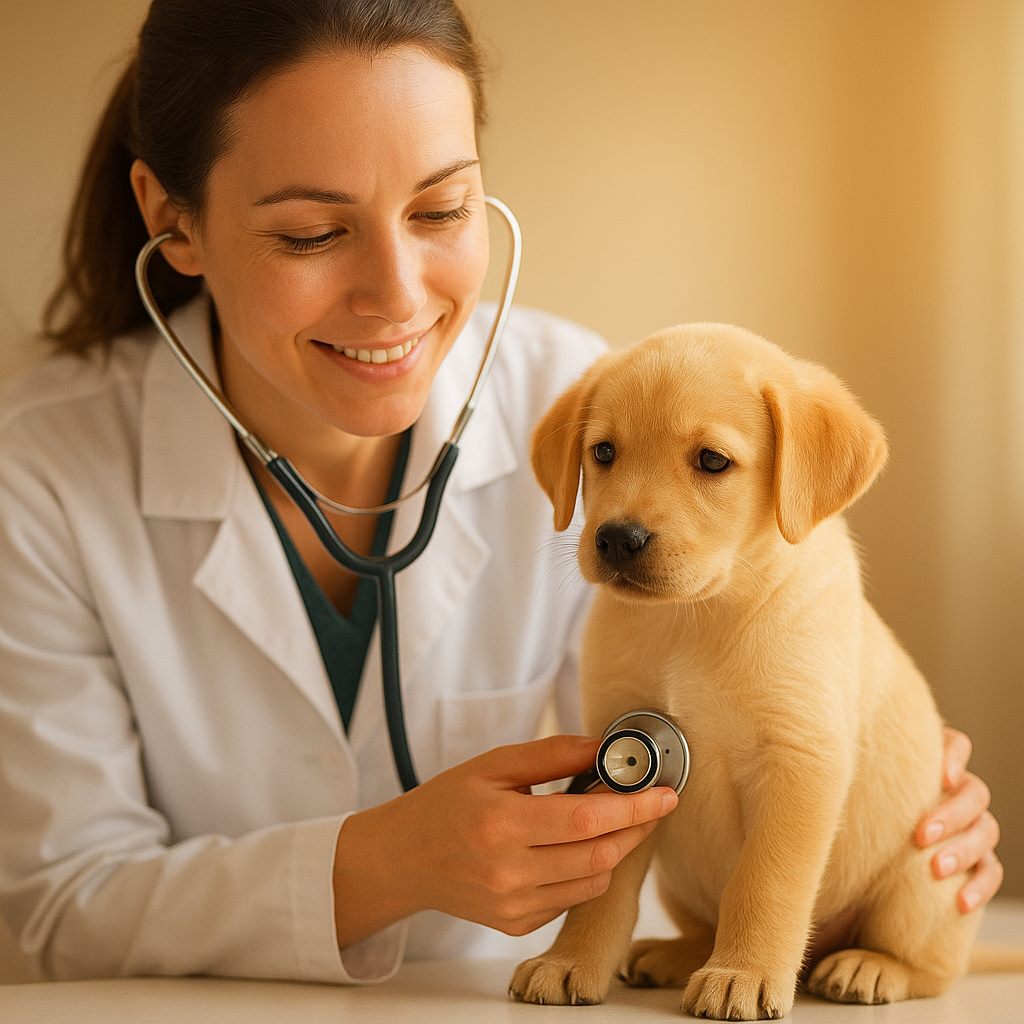 Veterinarian examining a puppy